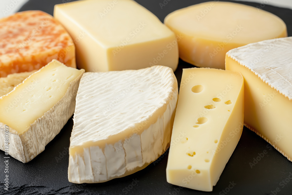 Assortment of gourmet cheeses on a slate board Assortment of gourmet cheeses on a slate board