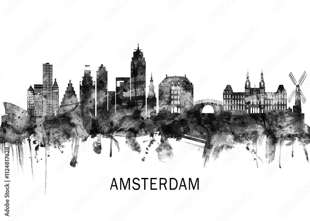 Obraz premium Amsterdam Netherlands Skyline BW ,city landscape banner district business print painting watercolor