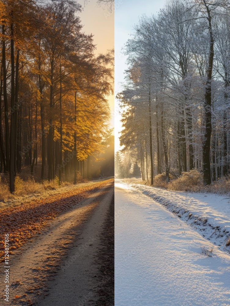 Contrast of autumn and winter landscapes. Contrast of autumn and winter landscapes.