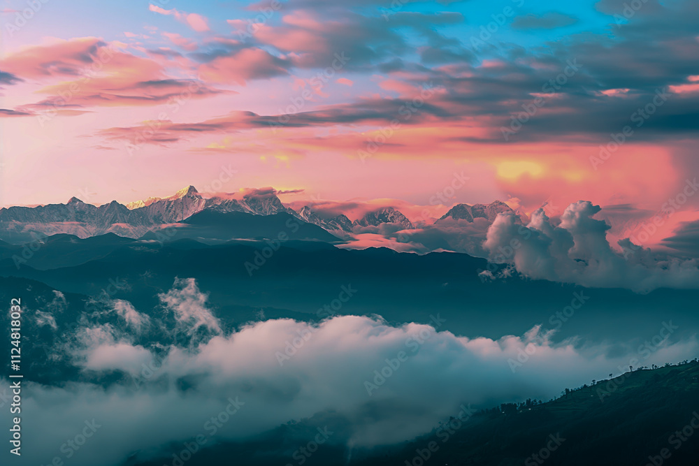 Obraz premium Majestic Mountain Peaks Sunrise with Vibrant Clouds and Serene Landscape