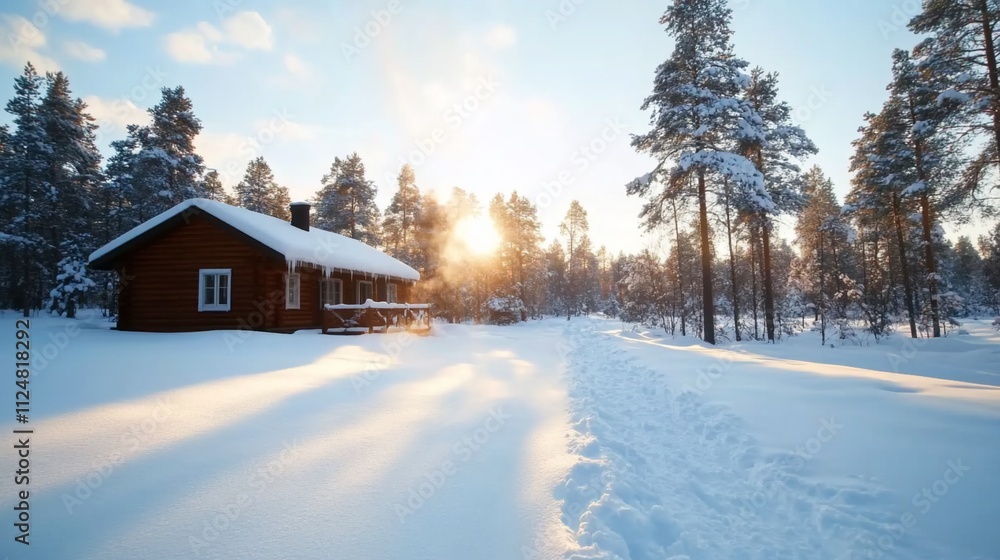 Naklejka premium Cozy wooden cabin in snowy forest at sunset.