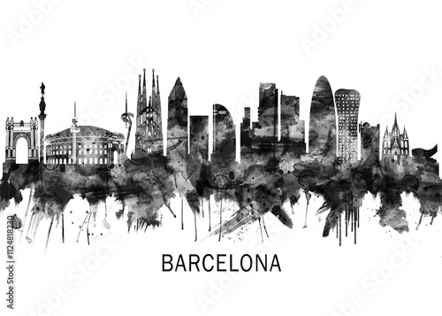 Photography Barcelona Spain Skyline BW ,city landscape banner district business print painti