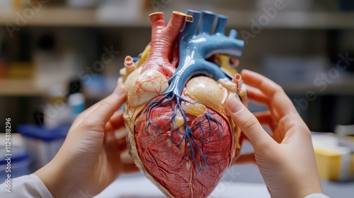 Closeup of hands adjusting a 3D anatomical human heart replica, clean lab aesthetics, anatomy  lab, detailed examination