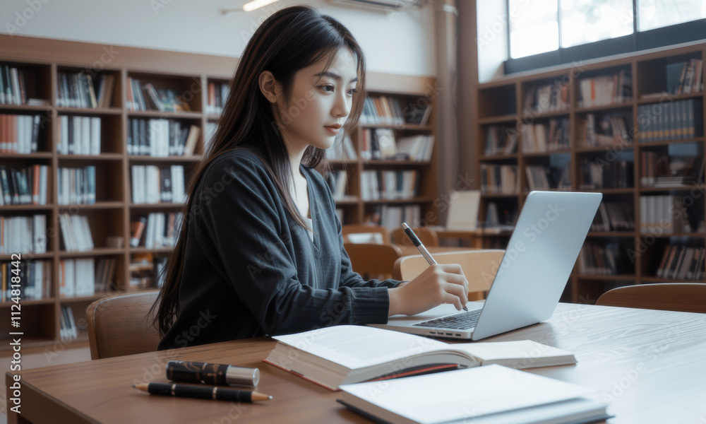 focused Asian university student studying in library, using laptop and taking notes. atmosphere is calm and conducive to learning focused Asian university student studying in library, using laptop and taking notes. atmosphere is calm and conducive to learning