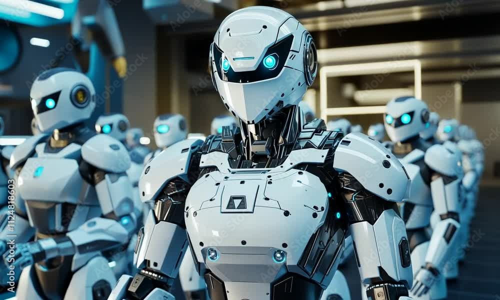 Advanced White Robots in a Futuristic Factory Setting Advanced White Robots in a Futuristic Factory Setting