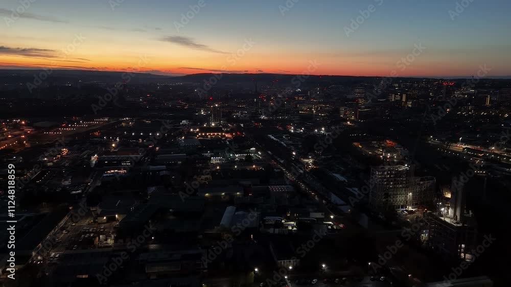 Aerial drone view of illuminated Bristol cityscape at sunset Aerial drone view of illuminated Bristol cityscape at sunset