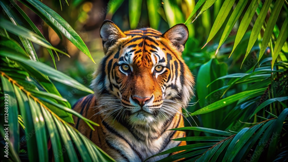 Candid Photography of a Tiger Curiously Peering Through Dense Jungle Foliage, Capturing the Beauty and Mystery of Wildlife in Its Natural Habitat Candid Photography of a Tiger Curiously Peering Through Dense Jungle Foliage, Capturing the Beauty and Mystery of Wildlife in Its Natural Habitat