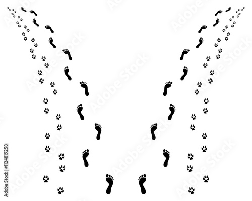 Footprints of man and dog on a white background, turn right or left
