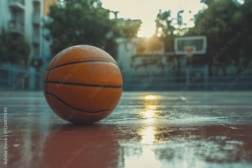 Leather basketball ball on court. Competition and team sport concept. Generated AI Leather basketball ball on court. Competition and team sport concept. Generated AI