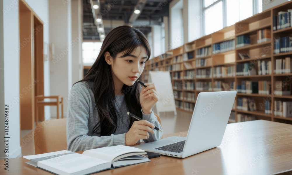 focused Asian university student studies in library, using laptop and taking notes. serene environment enhances her concentration and learning experience focused Asian university student studies in library, using laptop and taking notes. serene environment enhances her concentration and learning experience