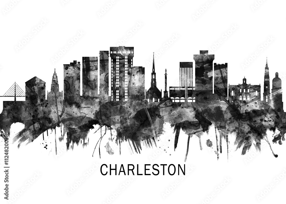 Fototapeta premium Charleston South Carolina Skyline BW ,city landscape banner district business print painting watercolor
