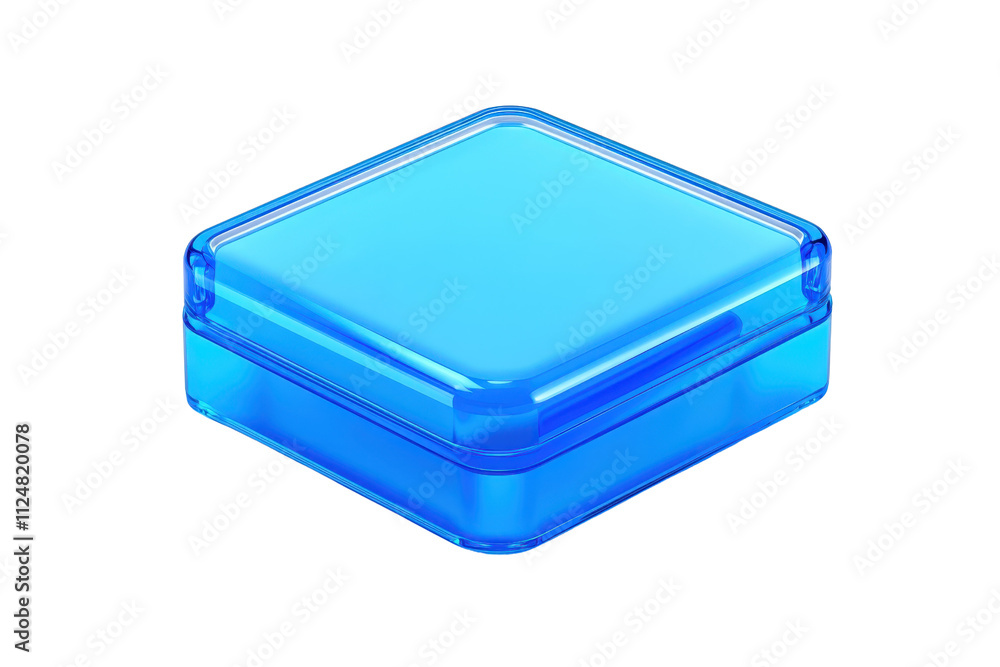 A luminous blue square container with a smooth surface and rounded edges, designed for storage or display. A luminous blue square container with a smooth surface and rounded edges, designed for storage or display.