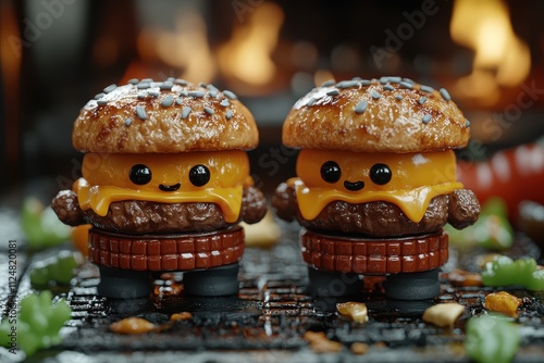 Two cute cartoon-style burgers with smiling faces, set in a cozy cooking environment.