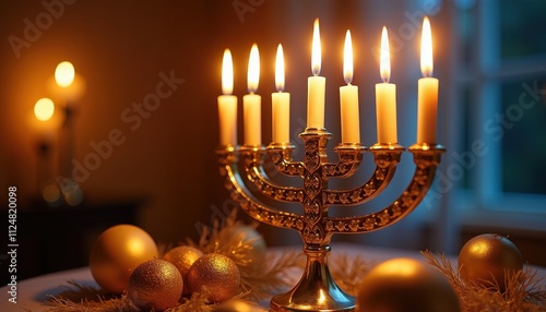 Glowing Hanukkah Menorah Candlelight with Elegant Traditional Decorations.