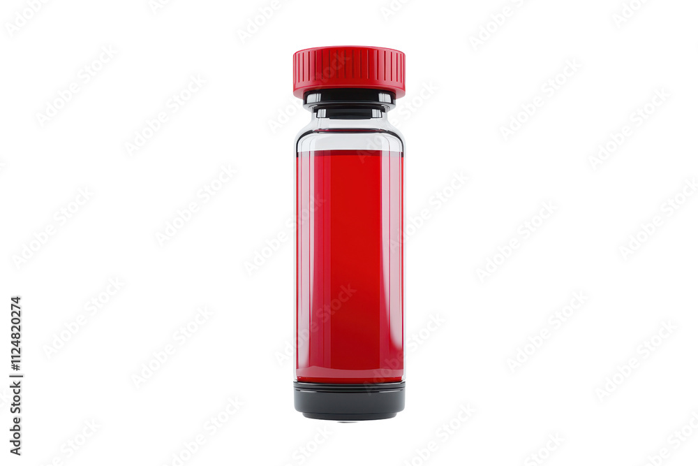 A glass vial containing a vibrant red liquid, featuring a red cap and a black base, commonly used for various chemical or medical applications. A glass vial containing a vibrant red liquid, featuring a red cap and a black base, commonly used for various chemical or medical applications.
