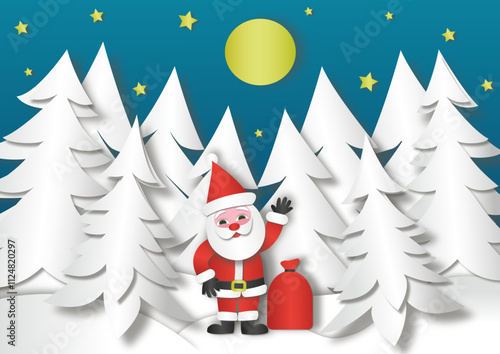 Vector illustration of Santa Claus in a white snowy forest under a starry sky with a large glowing moon. Santa surrounded by whimsical pine trees and soft snowdrifts. Paper-cut style.