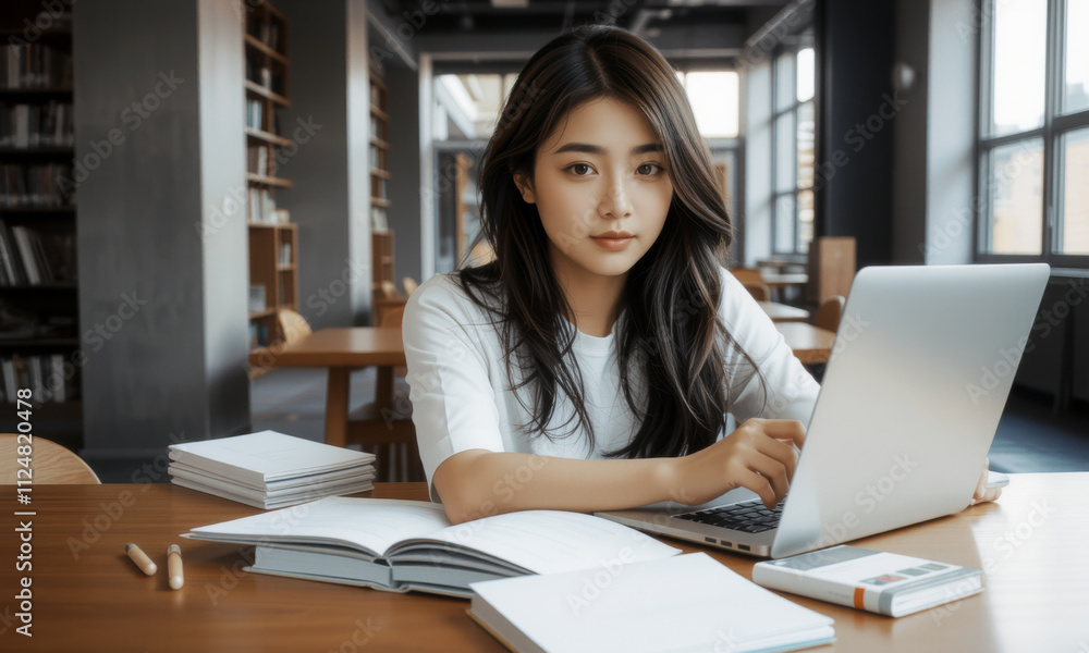 focused Asian university student studies in library, using laptop. Surrounded by books and stationery, she embodies dedication and concentration in her academic pursuits focused Asian university student studies in library, using laptop. Surrounded by books and stationery, she embodies dedication and concentration in her academic pursuits