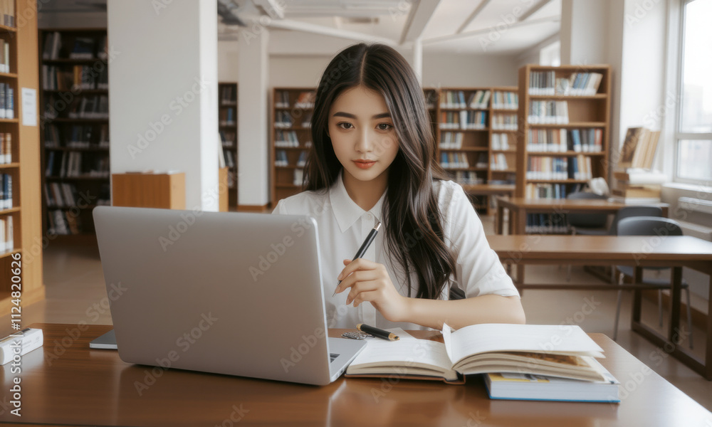 focused Asian university student studies in library, using laptop and taking notes. serene environment enhances her concentration and learning experience focused Asian university student studies in library, using laptop and taking notes. serene environment enhances her concentration and learning experience