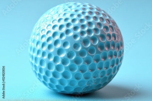 A close-up of a textured blue golf ball on a light blue background.