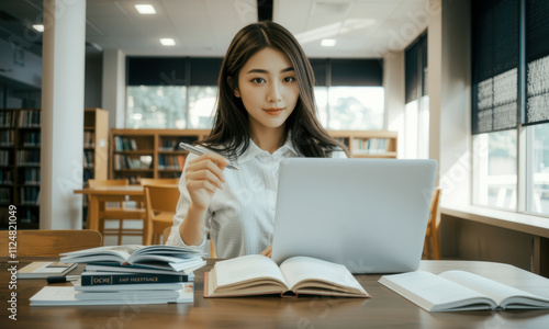 focused Asian university student studies in library, using laptop and surrounded by books. serene environment enhances her concentration and learning experience Free Download focused Asian university student studies in library, using laptop and surrounded by books. serene environment enhances her concentration and learning experience - GFXLoad