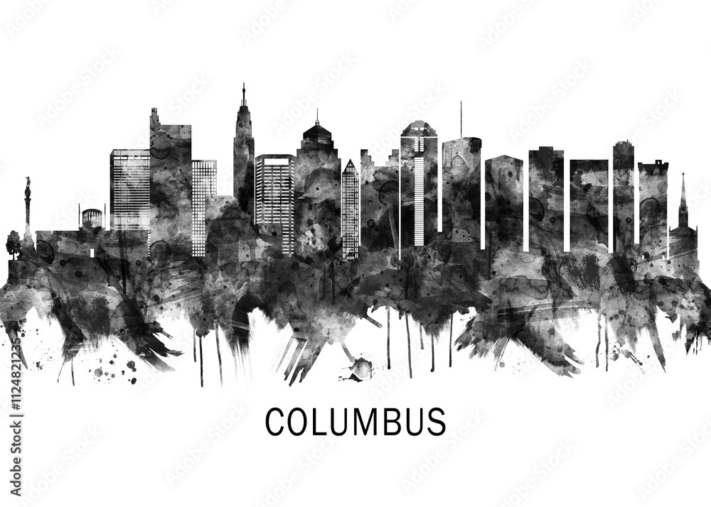 Columbus Ohio skyline BW, city landscape banner district business print painting watercolor