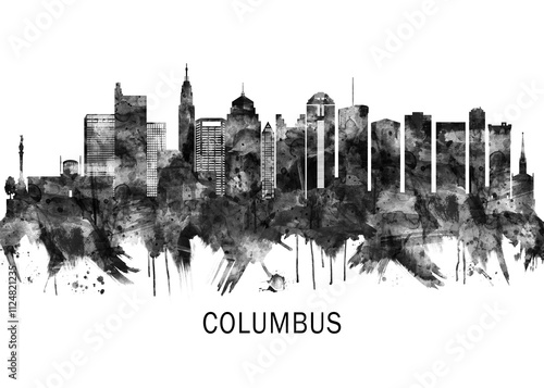 Obraz na płótnie Columbus Ohio skyline BW, city landscape banner district business print painting watercolor w salonie