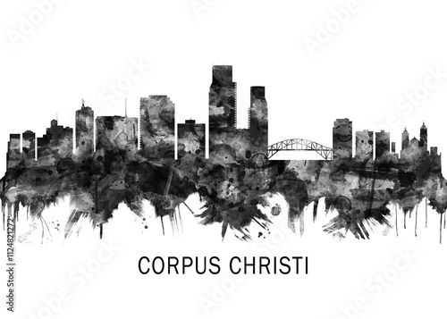 Corpus Christi Texas Skyline BW, city landscape banner district business print painting watercolor photo