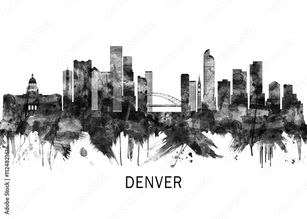 Denver Colorado Skyline BW, city landscape banner district business print painting watercolor