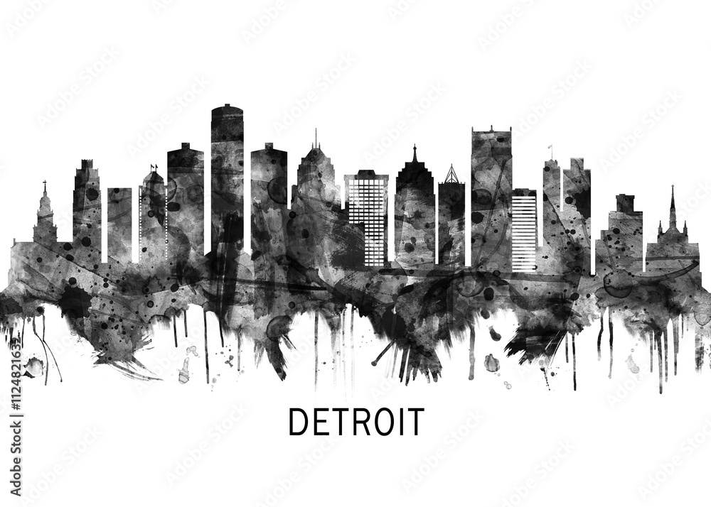 Detroit Michigan Skyline BW, city landscape banner district business print painting watercolor