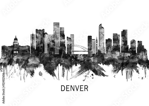 Denver Colorado Skyline BW, city landscape banner district business print painting watercolor #1124821616