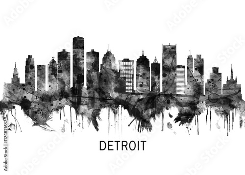 Obraz na płótnie Detroit Michigan Skyline BW, city landscape banner district business print painting watercolor w salonie