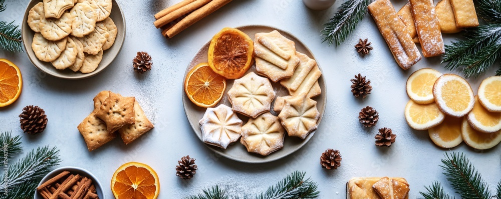 Christmas cookies decorated with fir branches, cinnamon sticks and dried orange slices Christmas cookies decorated with fir branches, cinnamon sticks and dried orange slices