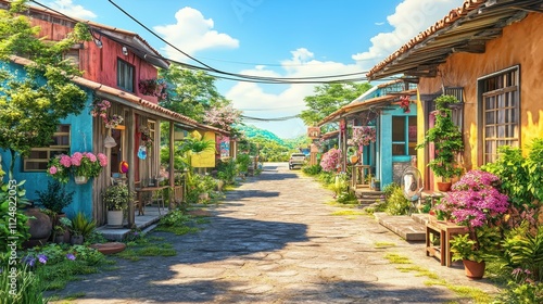 Charming Colorful Street with Flower-Decorated Houses