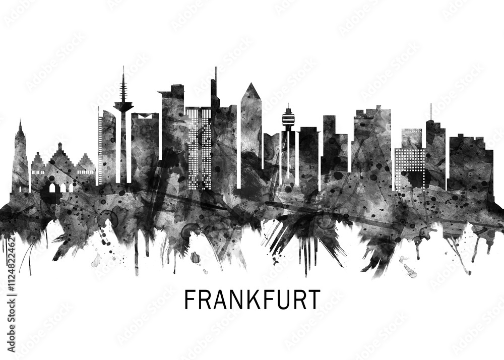 Frankfurt Germany Skyline BW, city landscape banner district business print painting watercolor