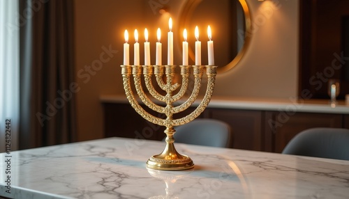 Golden Hanukkah Menorah Shining Brightly on a Sleek Marble Tabletop. photo