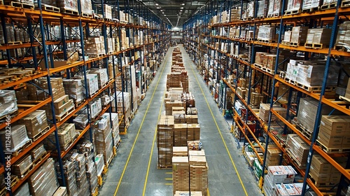 Organized Warehouse Shelves Displaying Inventory and Logistics Management