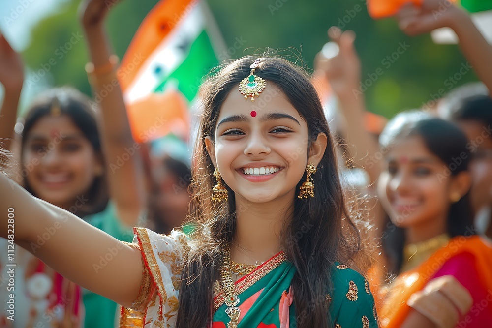 Indian girls celebrating india independence day waving indian flags Indian girls celebrating india independence day waving indian flags