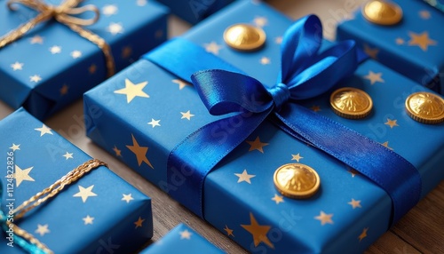 Creative Gift Wrapping for Hanukkah Featuring Gelt and Blue Accents. photo