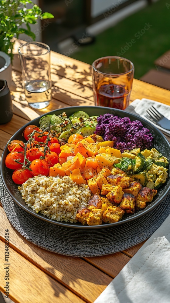 Fototapeta premium Colorful vegan dish with fresh vegetables and grains arranged on a beautifully laid outdoor table, perfect for healthy dining