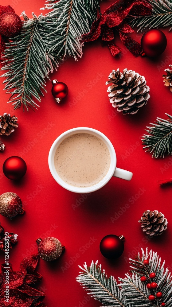 Christmas coffee surrounded by festive decorations on red background Christmas coffee surrounded by festive decorations on red background