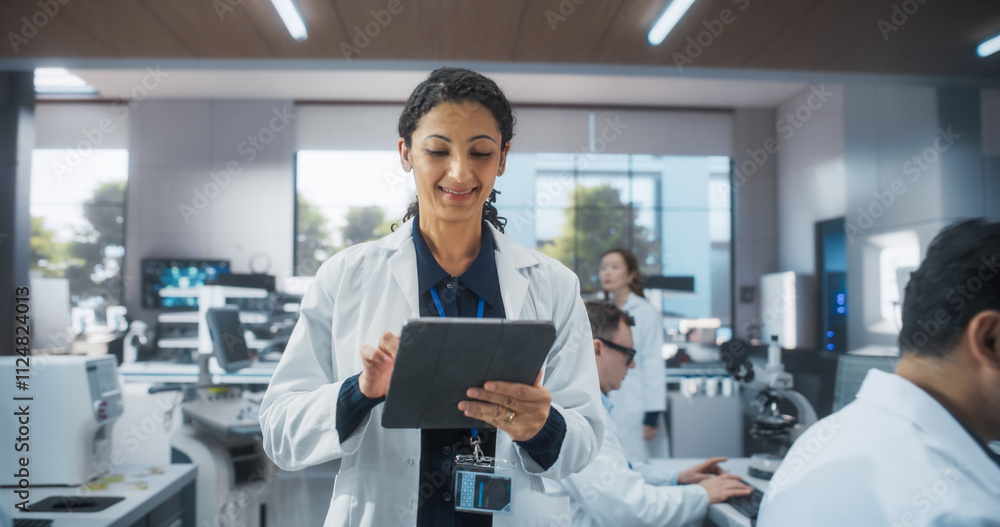 Indian Female Walking with Tablet Computer, Browsing Research Data. Team of Diverse Male and Female Medical Research Scientists Work on a New Generation Medical Products in a Modern Laboratory Indian Female Walking with Tablet Computer, Browsing Research Data. Team of Diverse Male and Female Medical Research Scientists Work on a New Generation Medical Products in a Modern Laboratory