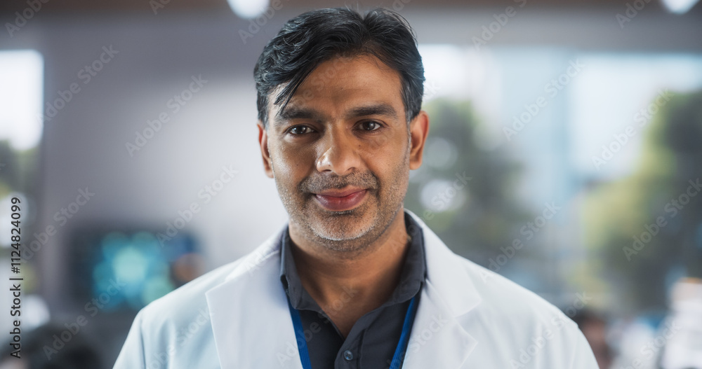 Medical Research Laboratory: Portrait of a Smart Adult Scientist Posing for Camera, Looking Straight and Smiling. Indian Specialist Working for Advanced Scientific Lab Medical Research Laboratory: Portrait of a Smart Adult Scientist Posing for Camera, Looking Straight and Smiling. Indian Specialist Working for Advanced Scientific Lab
