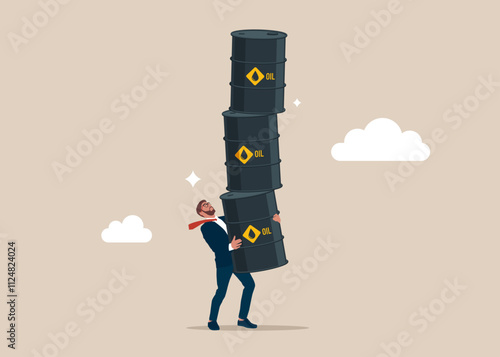 Businessman hold of stack of unstable oil barrels. Instability sale of petroleum products and fuels. Flat vector illustration