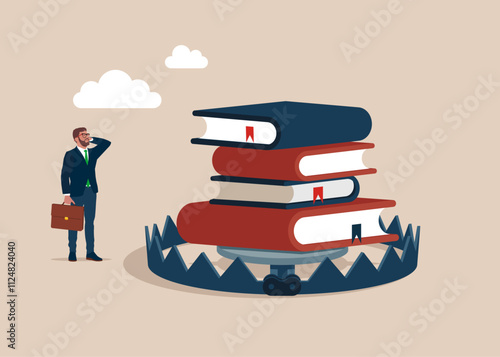 Businessman tries to pick up a book in a bear trap. Online courses, distance studying, self education, digital library. Flat vector illustration