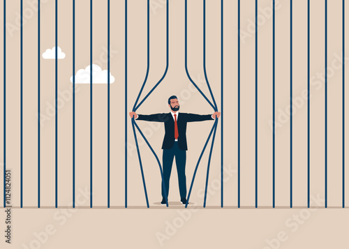 Prisoner escapes from prison on freedom. Anxiety or depression, solitude, fear to get outside. Modern flat style vector illustration
