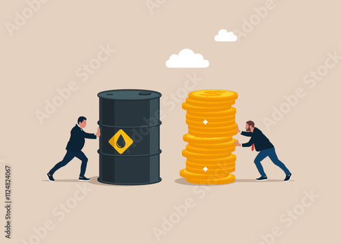Businessman buys сrude oil. Partner holding oil barrel. Sale of petroleum products and fuels. Petroleum in barrel. Modern flat vector illustration.