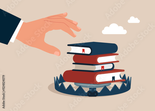 Hand tries to pick up a book in a bear trap. Online courses, distance studying, self education, digital library. Modern flat vector illustration.
