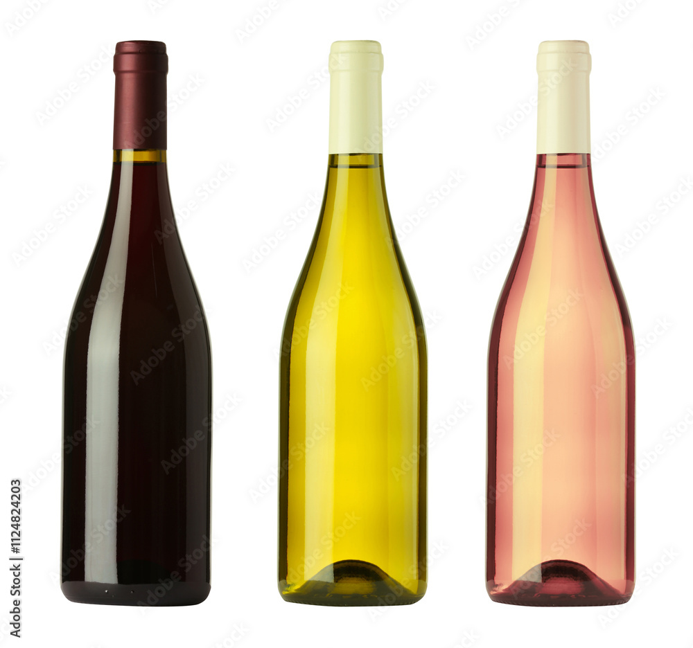 Bottles with different wines isolated on white, set Bottles with different wines isolated on white, set