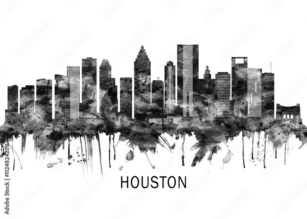 Obraz premium Houston Texas Skyline BW, city landscape banner district business print painting watercolor