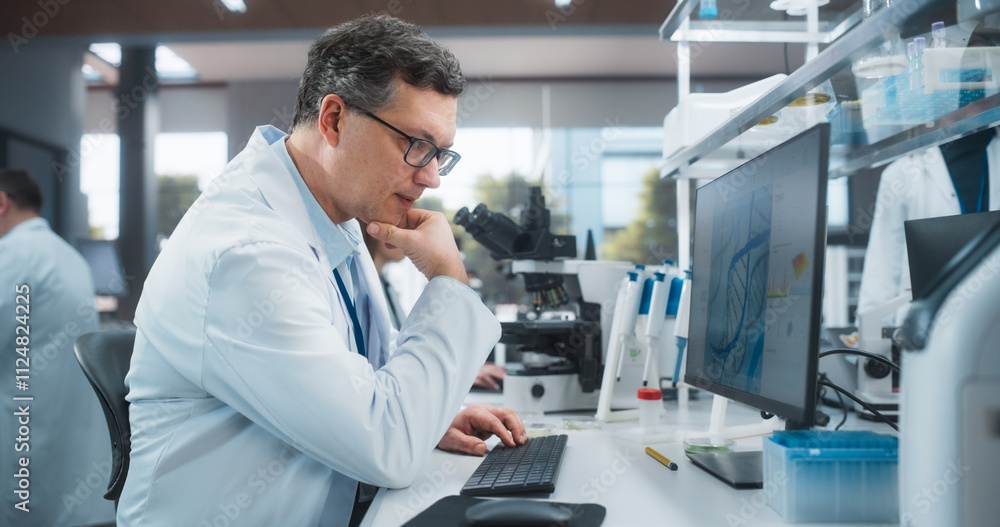 Adult Scientist Working on Computer, Analyzing DNA Results. Team of Diverse Male and Female Medical Research Scientists Work on a New Generation Medical Products in a Modern Laboratory Adult Scientist Working on Computer, Analyzing DNA Results. Team of Diverse Male and Female Medical Research Scientists Work on a New Generation Medical Products in a Modern Laboratory